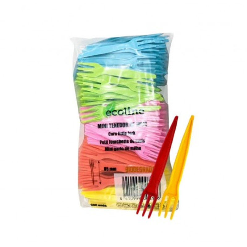 MINI TENEDOR CHIPS DE MAIZ COLORES 85MM 500/UNID.